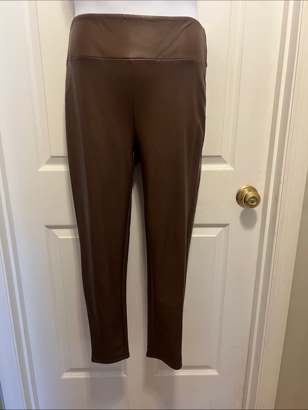 Haute Monde Chocolate Brown Faux-Leather Waist Ankle Pants